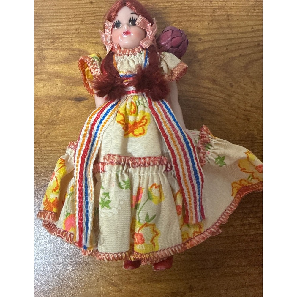 Vintage Miniature Souvenir Doll Traditional Mexican Floral Dress Red Hair 5.5"